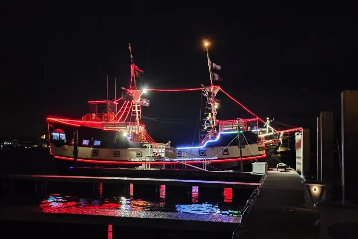 Docked boat with red and blue lights glowing against the night sky.
