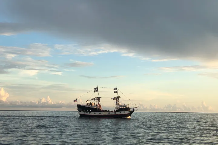 A pirate-themed ship sailing on calm sea under a cloudy sky.