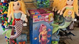 Display with mermaid dolls, toy fish, and kids' mermaid set in a store.