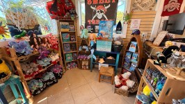 Colorful toy store corner with plush toys, books, and pirate-themed decor.