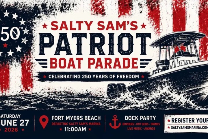 Patriot Boat Parade poster for June 27, 2026, at Fort Myers Beach with a boat and American flag theme.